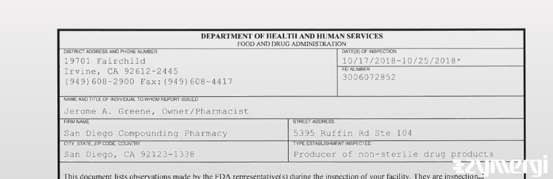 FDANews 483 San Diego Compounding Pharmacy Oct 25 2018 top