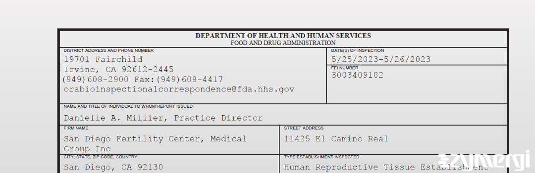 FDANews 483 San Diego Fertility Center, Medical Group Inc May 26 2023 top