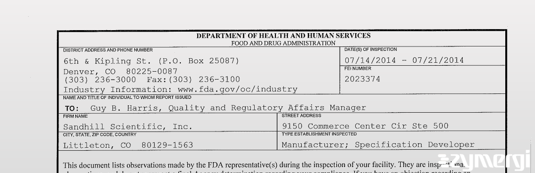 FDANews 483 Sandhill Scientific, Inc. Jul 21 2014 top