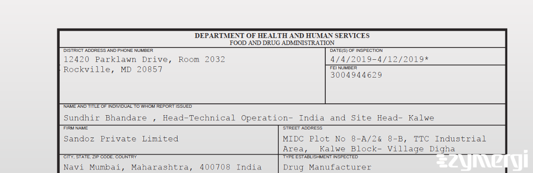 FDANews 483 Sandoz Private Limited Apr 12 2019 top