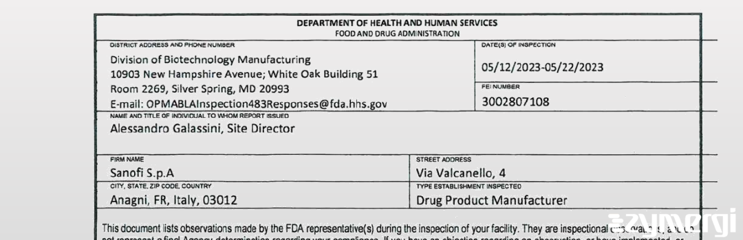 FDANews 483 Sanofi S.r.l. May 22 2023 top