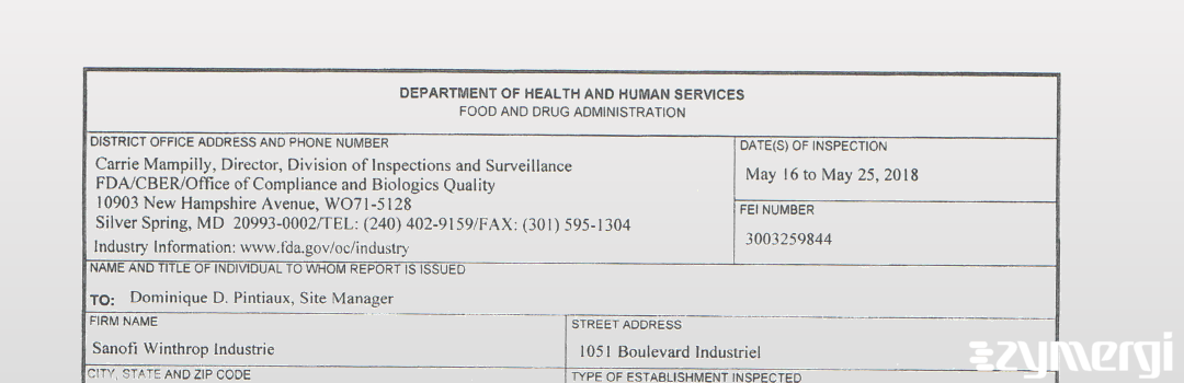 FDANews 483 Sanofi Winthrop Industrie May 25 2018 top