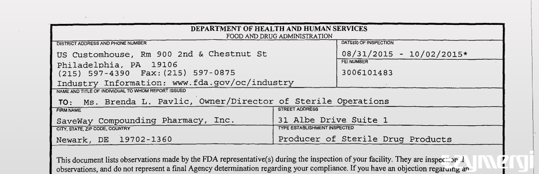 FDANews 483 SaveWay Compounding Pharmacy, Inc. Oct 2 2015 top