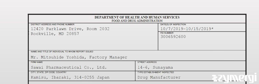 FDANews 483 Sawai Pharmaceutical Co., Ltd. Oct 15 2019 top