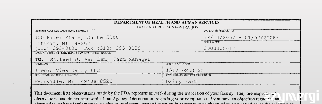 FDANews 483 Scenic View Dairy, LLC Jan 7 2008 top