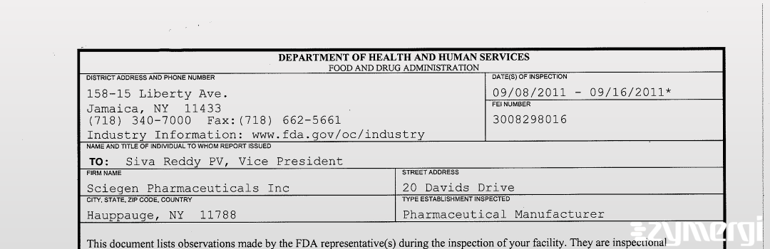FDANews 483 Sciegen Pharmaceuticals Inc Sep 16 2011 top