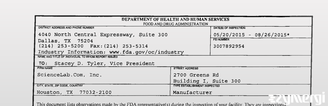 FDANews 483 ScienceLab.Com, Inc. Aug 26 2015 top