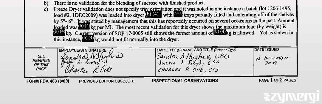 Justin A. Boyd FDA Investigator Sandra A. Hughes FDA Investigator Charles Cote FDA Investigator 