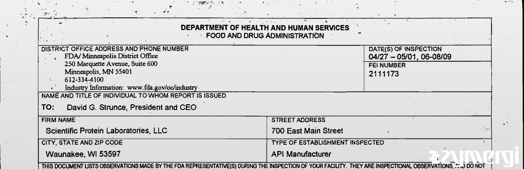 FDANews 483 Scientific Protein Laboratories, LLC May 8 2009 top