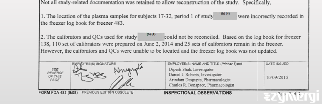 Dipesh K. Shah FDA Investigator Arindam Dasgupta FDA Investigator Daniel J. Roberts FDA Investigator 