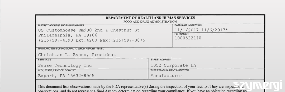 FDANews 483 Sense Technology Inc Nov 6 2017 top