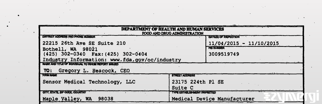 FDANews 483 Sensor Medical Technology, LLC Nov 10 2015 top