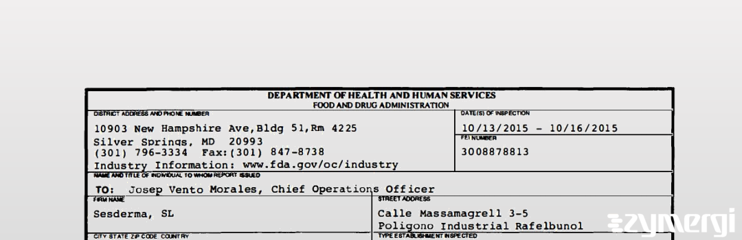 FDANews 483 Sesderma, SL Oct 16 2015 top