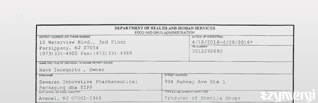 FDANews 483 Sewaren Innovative Pharmaceutical Packaging dba SIPP Jun 28 2016 top