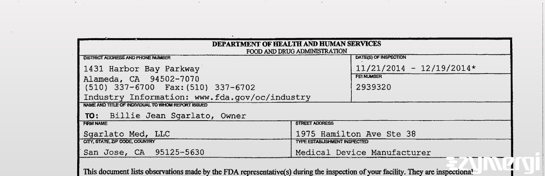 FDANews 483 Sgarlato Med, LLC Dec 19 2014 top