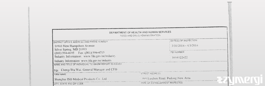 FDANews 483 Shanghai ISO Medical Products Co., Ltd. Apr 3 2014 top