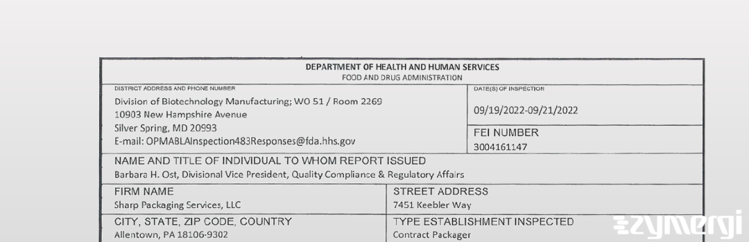 FDANews 483 Sharp Packaging Services, LLC Sep 21 2022 top