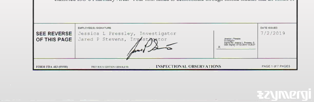 Jessica L. Pressley FDA Investigator Jared P. Stevens FDA Investigator 
