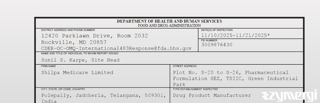 FDANews 483 Shilpa Medicare Limited Nov 21 2025 top