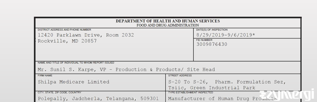 FDANews 483 Shilpa Medicare Limited Sep 6 2019 top
