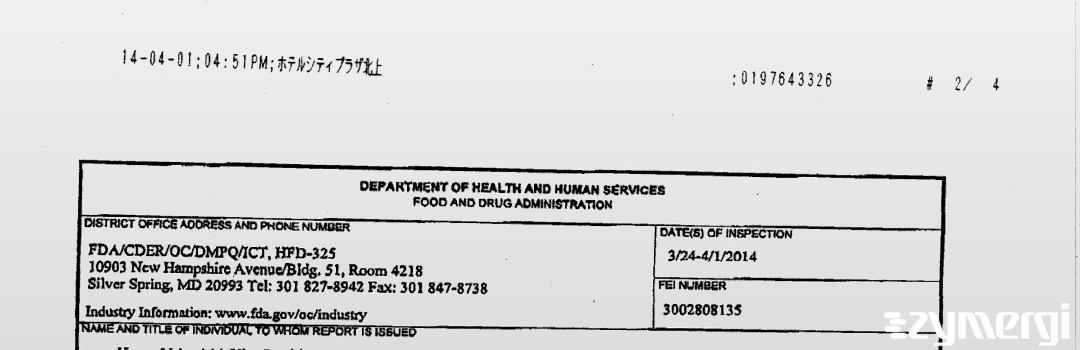 FDANews 483 Shionogi & Co., Ltd. Apr 1 2014 top