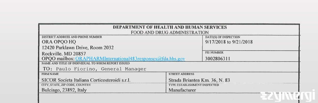 FDANews 483 SICOR Societa' Italiana Corticosteroidi SRL Sep 21 2018 top