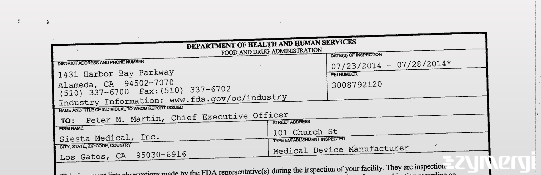 FDANews 483 Siesta Medical, Inc. Jul 28 2014 top