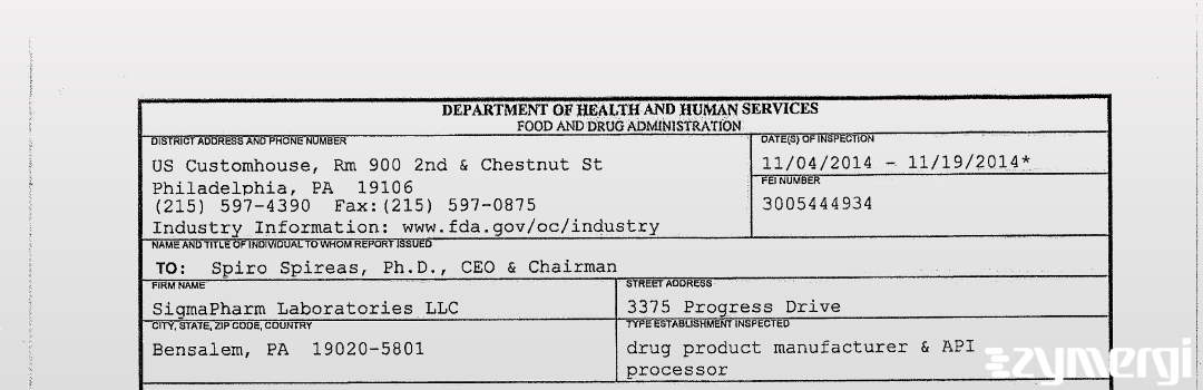 FDANews 483 SigmaPharm Laboratories LLC Nov 19 2014 top