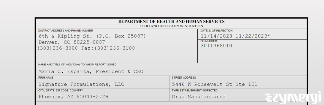 FDANews 483 Signature Formulations, LLC Nov 22 2023 top