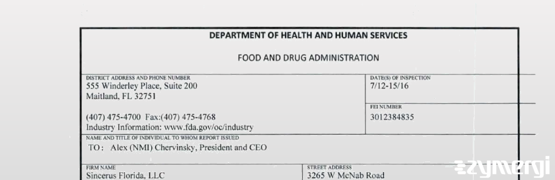 FDANews 483 Sincerus Florida, LLC Jul 15 2016 top