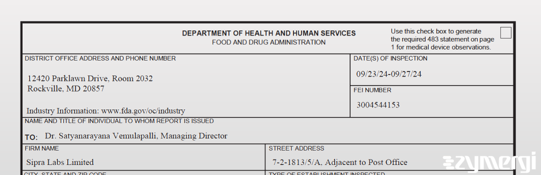 FDANews 483 Sipra Labs Limited Sep 27 2024 top