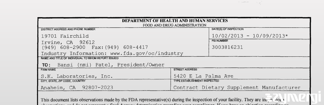 FDANews 483 S.K. Laboratories, Inc. Oct 9 2013 top
