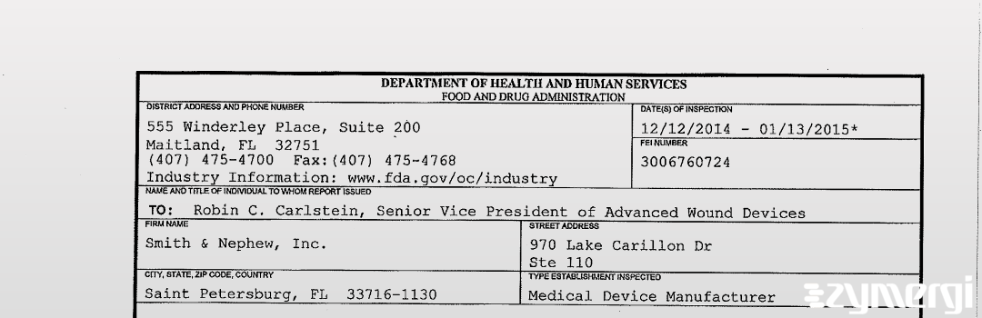 FDANews 483 Smith & Nephew Inc Jan 13 2015 top