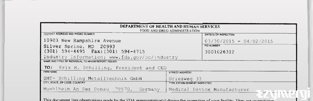 FDANews 483 SMT Schilling Metalltechnik GmbH Apr 2 2015 top