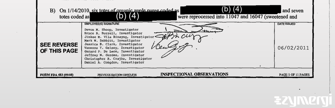 Jessica B. Clark FDA Investigator Devon M. Shoop FDA Investigator Christopher R. Czajka FDA Investigator Jeffrey N. Gerdes FDA Investigator Jinkee M. Vila Binayug FDA Investigator Mark W. Babbitt FDA Investigator Vanessa Y. Gelsey FDA Investigator Bruce R. Burrell FDA Investigator Gerard P. De Leon FDA Investigator Daniel A. Congdon FDA Investigator Vila Binayug, Jinkee M FDA Investigator De Leon, Gerard P FDA Investigator 