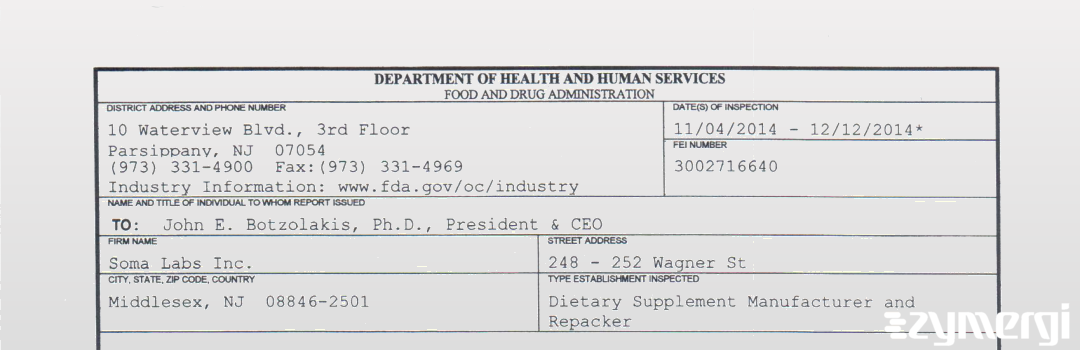 FDANews 483 Soma Labs Inc. Dec 12 2014 top