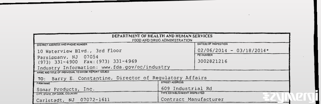 FDANews 483 Sonar Products, Inc. Mar 18 2014 top