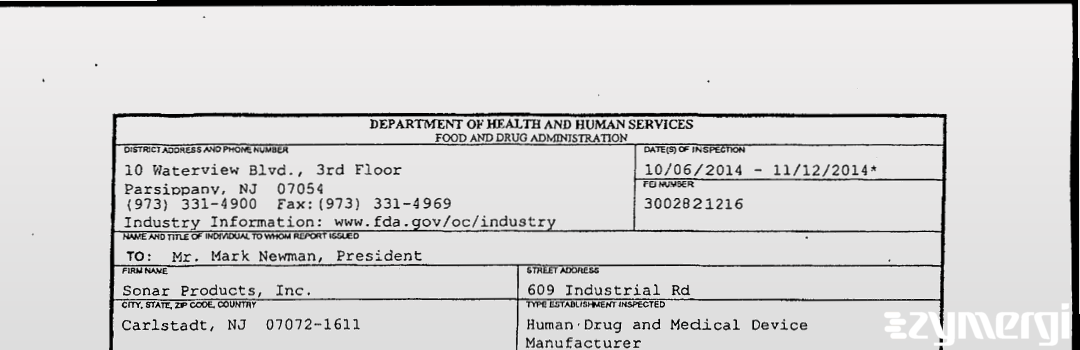 FDANews 483 Sonar Products, Inc. Nov 12 2014 top