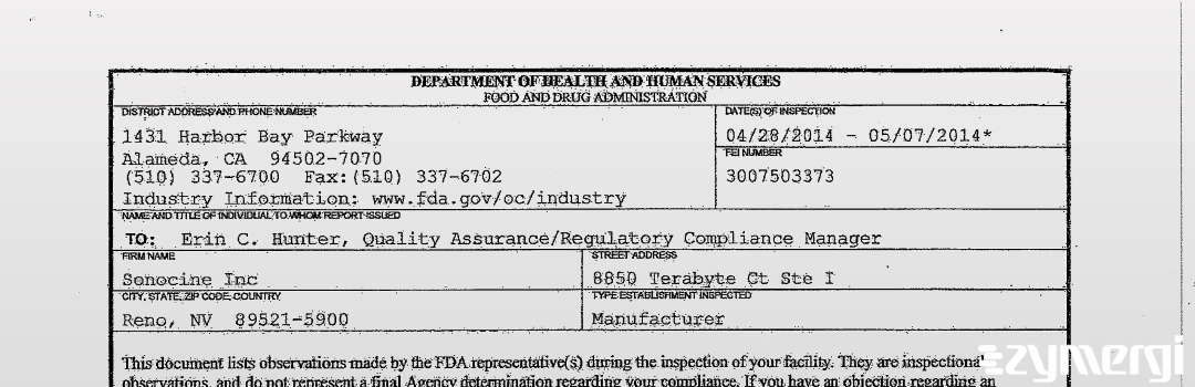 FDANews 483 SonoCine Inc. May 7 2014 top