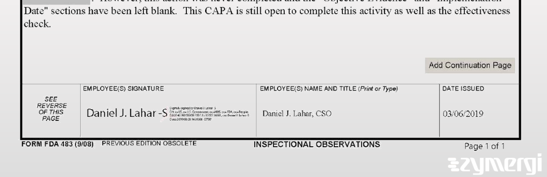 Daniel J. Lahar FDA Investigator 