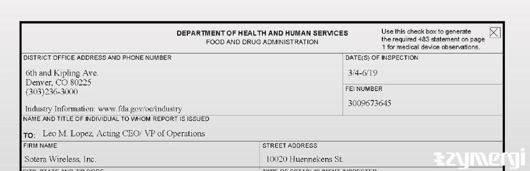 FDANews 483 Sotera Wireless, Inc. Mar 6 2019 top