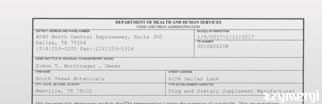 FDANews 483 South Texas Botanicals Jan 12 2017 top