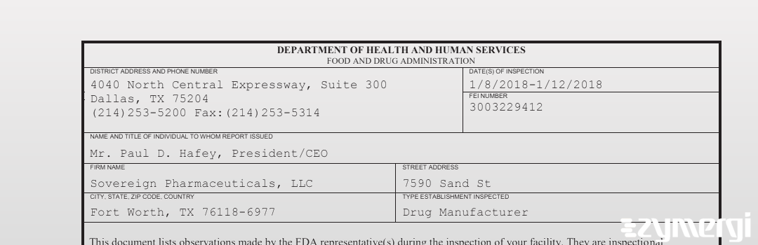 FDANews 483 Sovereign Pharmaceuticals, LLC Jan 12 2018 top