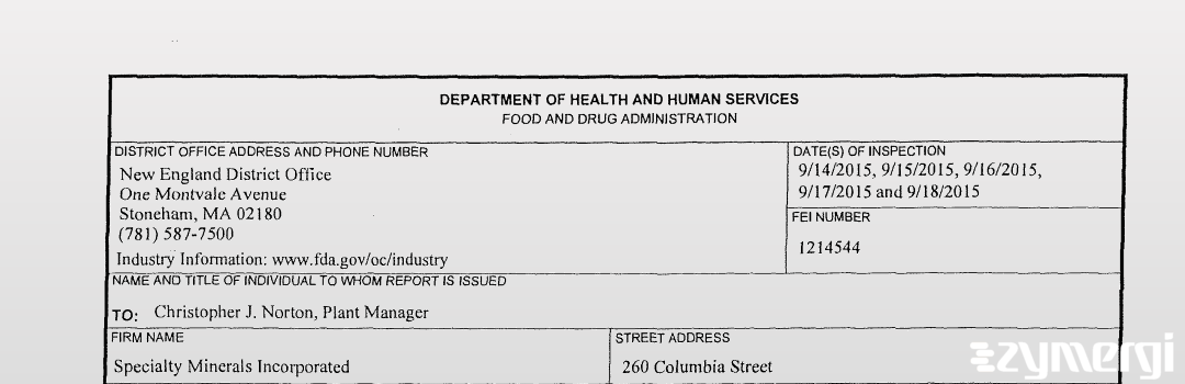 FDANews 483 Specialty Minerals, Inc. Sep 18 2015 top