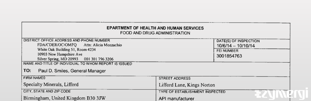 FDANews 483 Specialty Minerals Lifford Oct 10 2014 top
