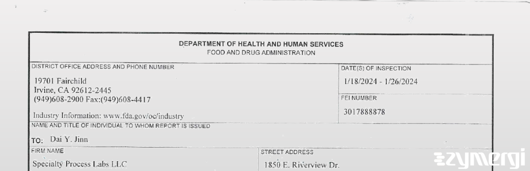 FDANews 483 Specialty Process Labs LLC Jan 26 2024 top