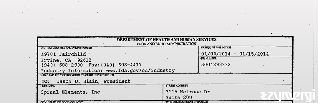 FDANews 483 Spinal Elements, Inc Jan 15 2014 top