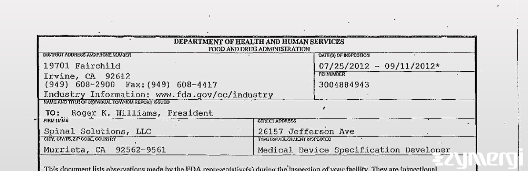 FDANews 483 Orthopedic Alliance LLC Sep 11 2012 top