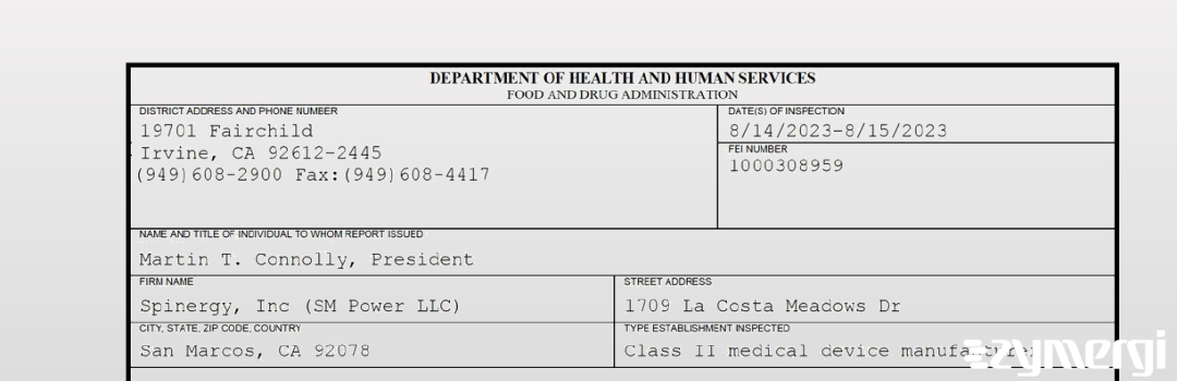 FDANews 483 Spinergy, Inc (SM Power LLC) Aug 15 2023 top