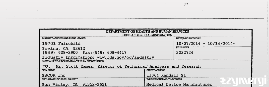 FDANews 483 SSCOR Inc Oct 14 2014 top
